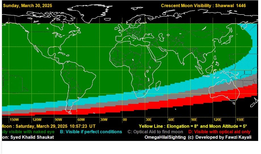 نقشه رویت هلال ماه شوال در غروب روز یکشنبه ۱۰ فروردین ۱۴۰۴