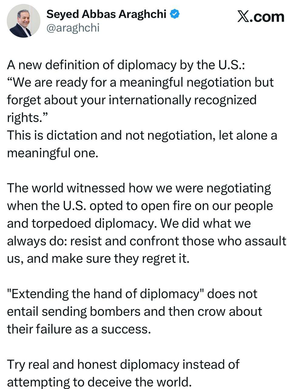 کنایه عراقچی به تعریف جدید ایالات متحده از دیپلماسی