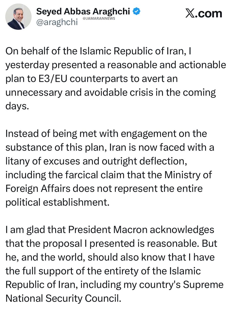 پیام عباس عراقچی در مورد اسنپ بک