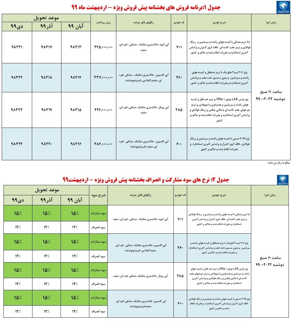 پیش فروش 22 اردیبهشت 99 ایران خودرو