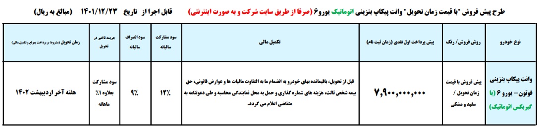 طرح فروش پیکاپ فوتون اتوماتیک جدید اسفند 1401