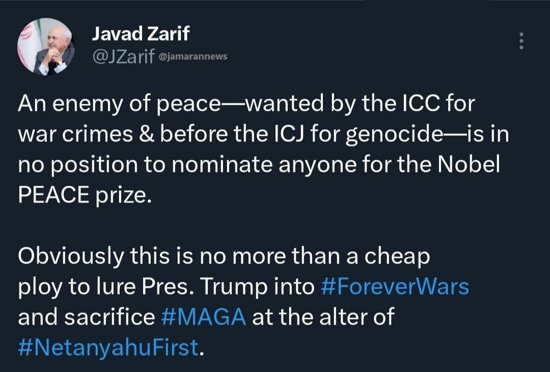 واکنش ظریف به نامه نتانیاهو برای ترامپ