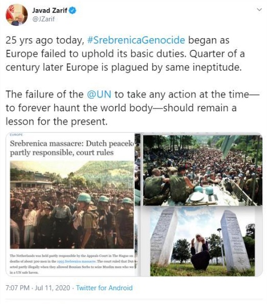 پیام ظریف در سالروز قتل عام مسلمانان بوسنی