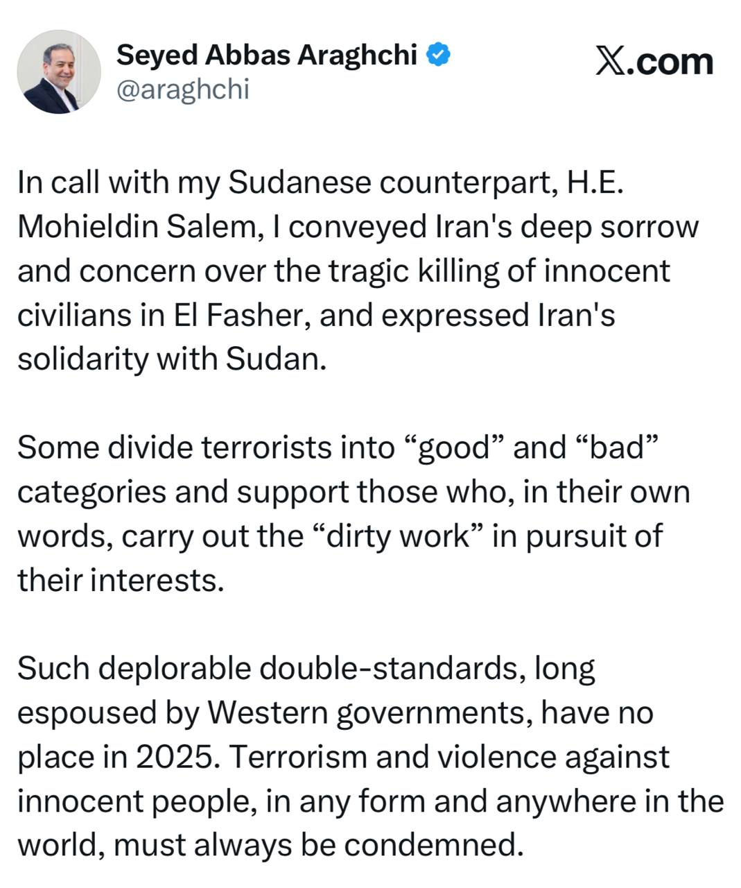 واکنش عراقچی به کشتار بی گناهان در سودان (1)