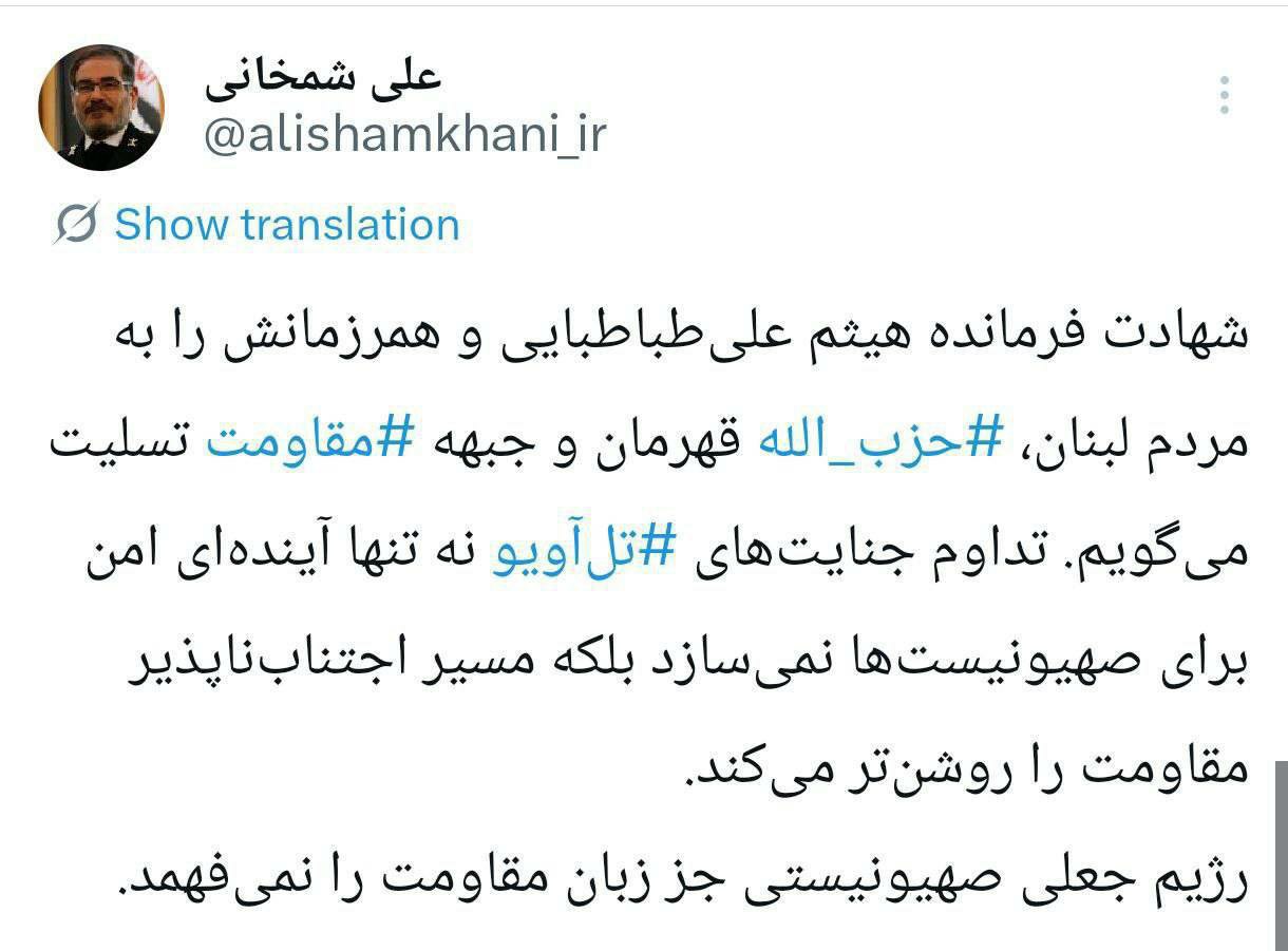 واکنش شمخانی به ترور فرمانده حزب الله توسط اسرائیل