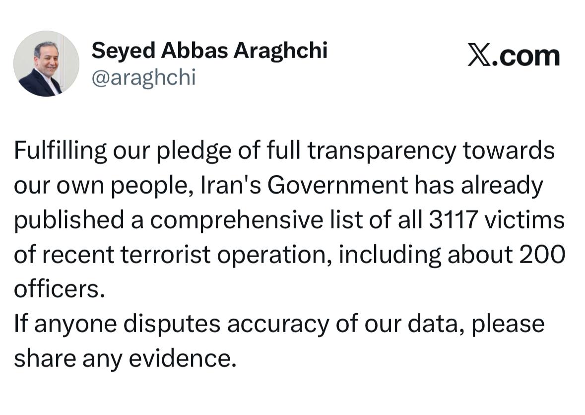 واکنش عراقچی به ادعای ترامپ در مورد کشته های دی ماه 1404