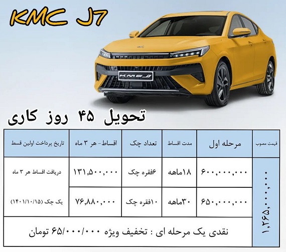 طرح فروش قسطی خودرو جدید KMC J7 شهریور 1401