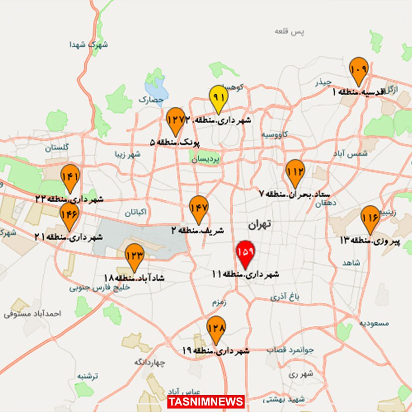 نقشه آلودگی هوای تهران