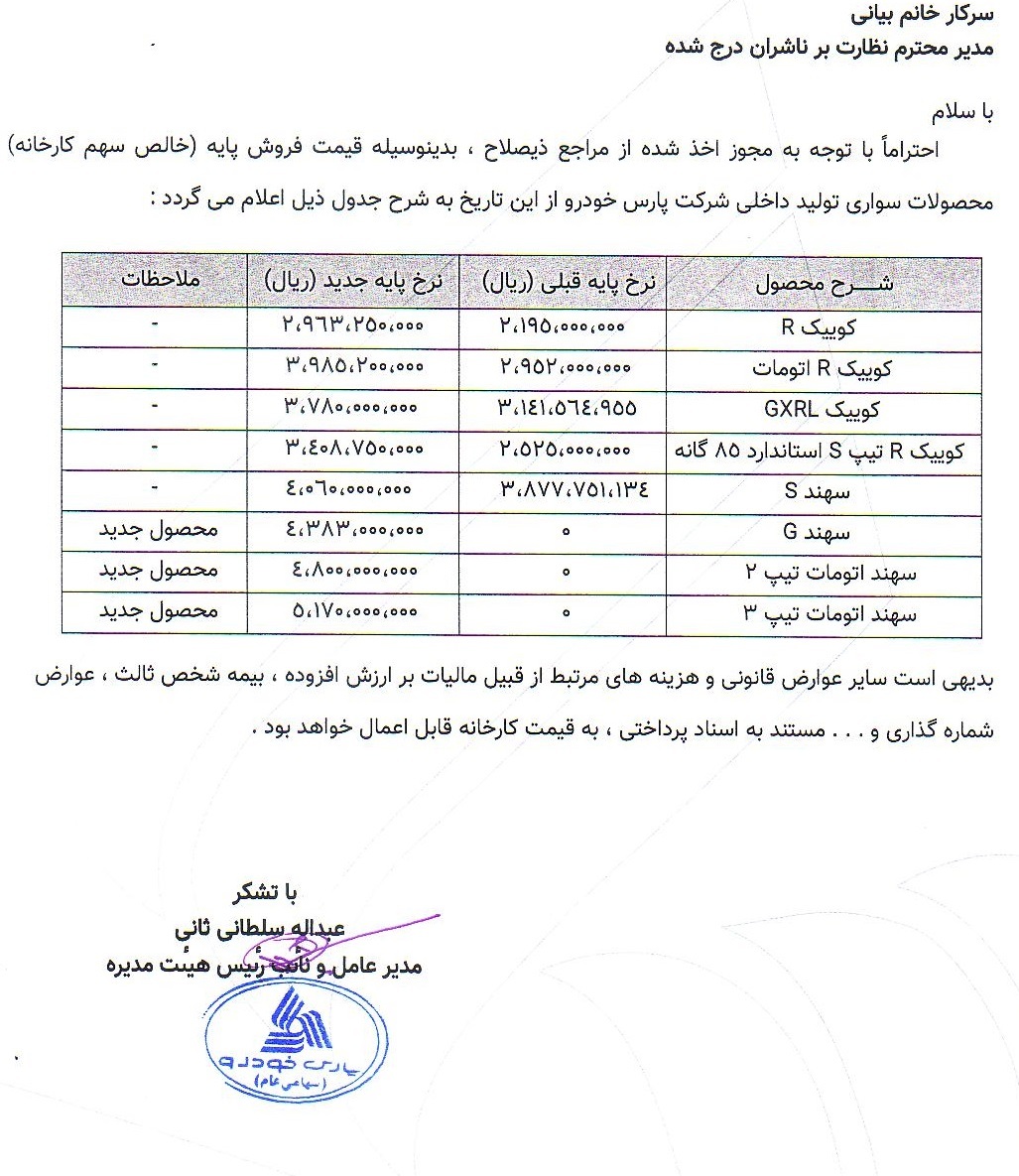 قیمت جدید محصولات پارس خودرو