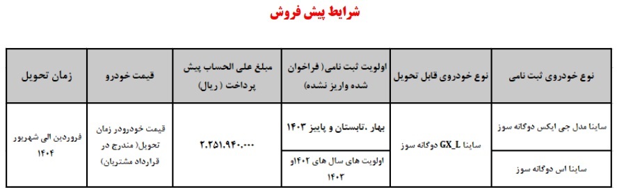 شرایط پیش فروش خودرو ساینا دوگانه سوز 