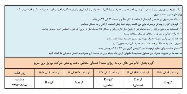 برنامه خاموشی‌های احتمالی امروز