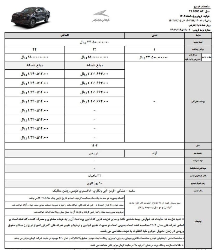 فروش نقد و اقساط جک T9 کرمان موتور (اسفند 1403)