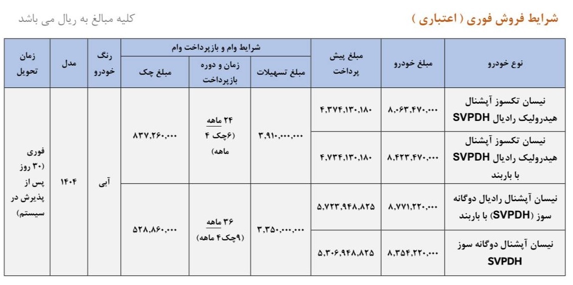 فروش اقساطی وانت نیسان زامیاد (شهریور 1404)
