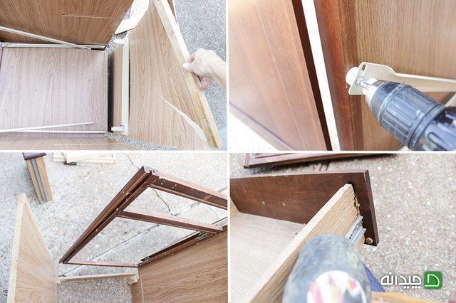 جدا کردن همه اجزای کابینت از هم برای ساخت میز تحریر چوبی 