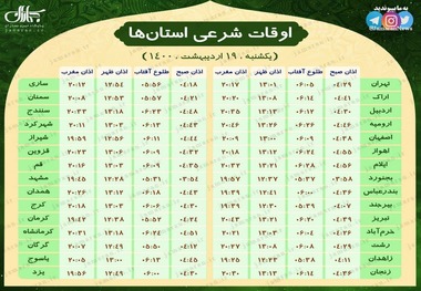 اوقات شرعی استان ها؛ یکشنبه 19 اردیبهشت 1400