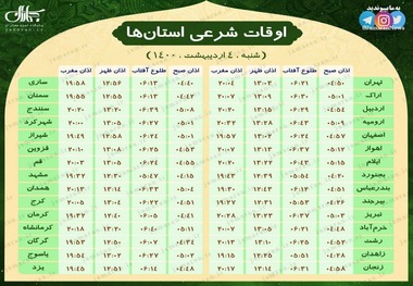 اوقات شرعی استان ها؛ شنبه 4 اردیبهشت 1400