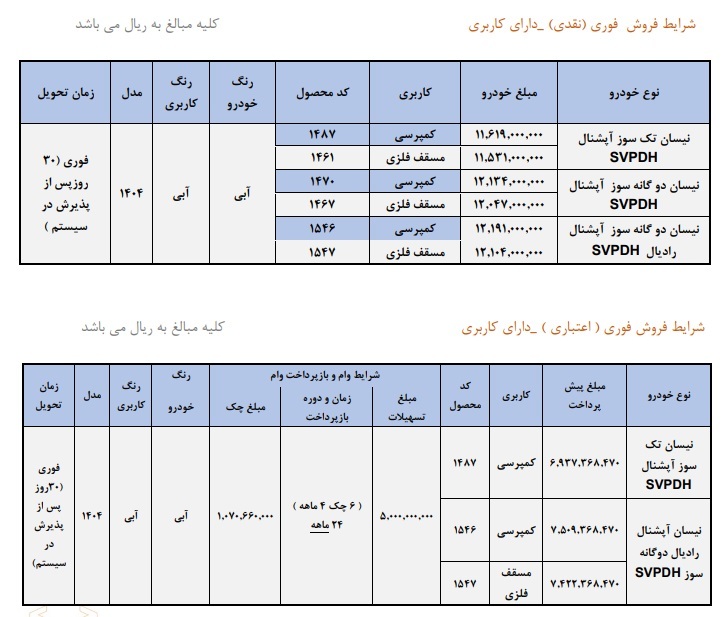 فروش فوری اقساطی وانت نیسان جدید (آذر 1404)