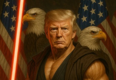 ترامپ در قالب شخصیت «جنگ ستارگان»/ شمشیر شخصیت‌های منفی در دست رییس جمهور آمریکا! + عکس