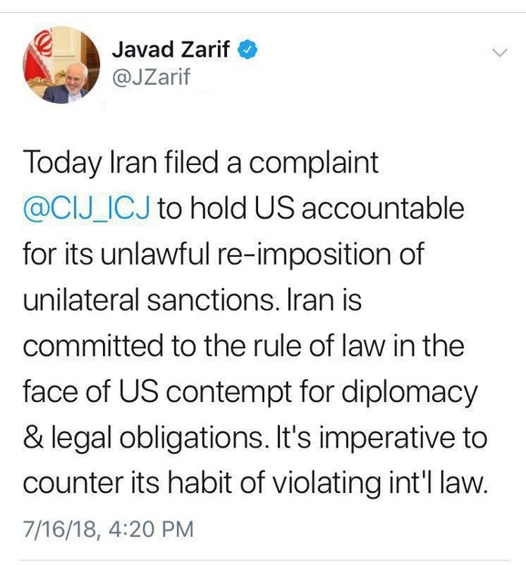 ظریف خبر داد: شکایت ایران از آمریکا نزد دیوان دادگستری بین‌المللی