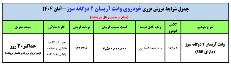 فروش فوری وانت آریسان با قیمت قطعی (آبان 1404)