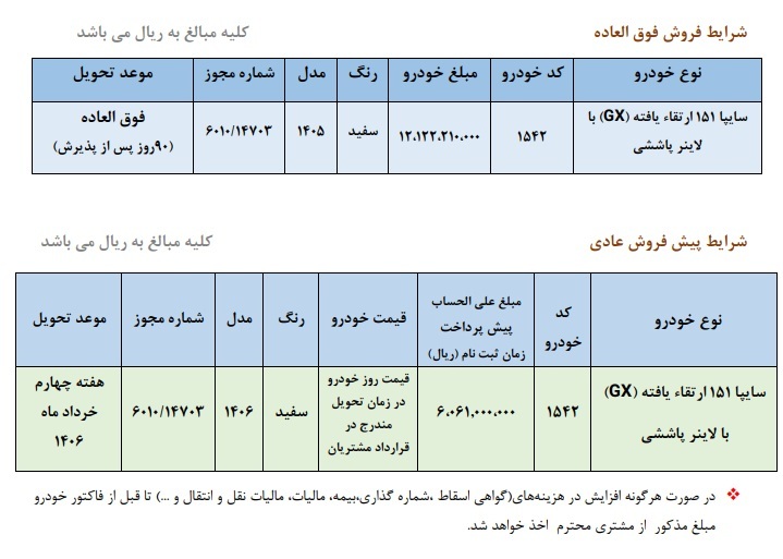 بخشنامه جدید فروش وانت سایپا 151 (مهر 1405)