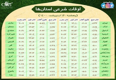 اوقات شرعی استان ها؛ پنجشنبه 16 اردیبهشت 1400