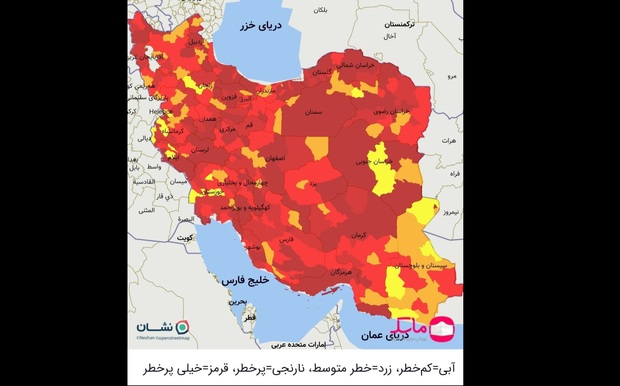 نقشه کرونایی جدید ایران منتشر شد؛ از تاریخ 24 مرداد 1400/ 359 شهر در وضعیت قرمز هستند + اسامی شهرهای قرمز جدید و نقشه