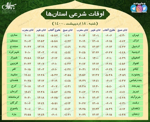 اوقات شرعی استان ها؛ شنبه 18 اردیبهشت 1400