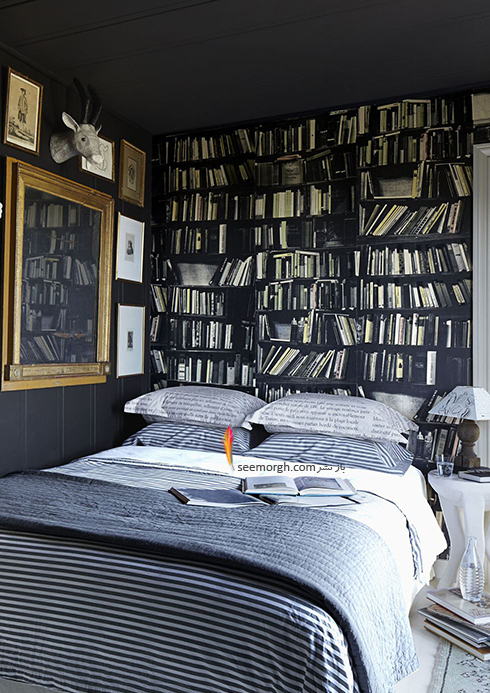 اتاق خواب,چیدمان اتاق خواب کوچکا,اصول چیدان لوازم در اتاق خواب کوچک,در اتاق خواب های کوچک، کاغذ دیواری با طرح کتابخانه بالای تخت خواب تان نصب کنید