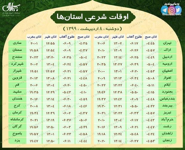 اوقات شرعی تمام مراکز استان‌ها (دوشنبه 8 اردیبهشت)